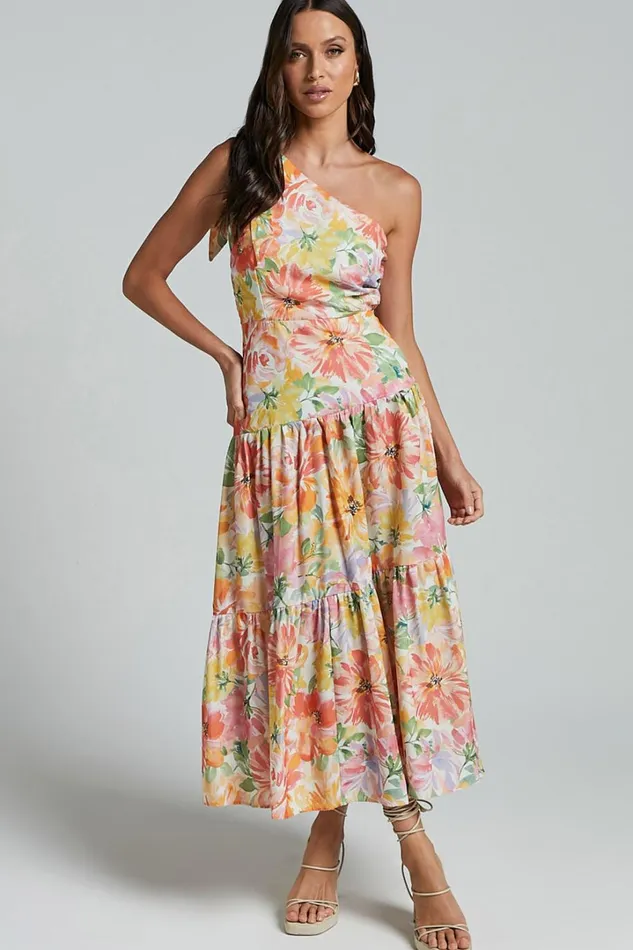 Mitzy Midi Dress 8211 One Shoulder Cut Out Tiered Dress In Summer Floral Women Showpo Dresses