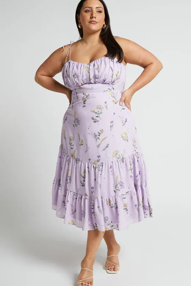 Monaco Midi Dress 8211 Strappy Sweetheart Tiered Dress In Lavender Botanical Floral Women Showpo Curve Clothes