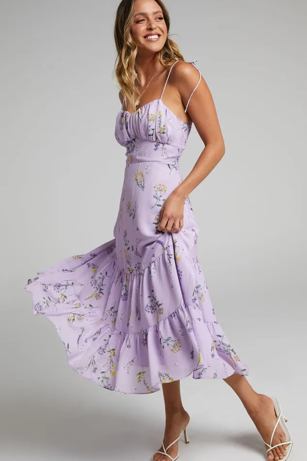 Monaco Midi Dress 8211 Strappy Sweetheart Tiered Dress In Lavender Botanical Floral Women Showpo Curve Clothes