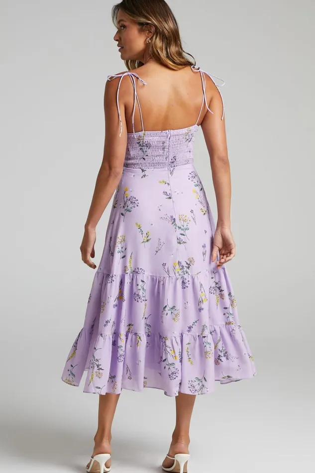Monaco Midi Dress 8211 Strappy Sweetheart Tiered Dress In Lavender Botanical Floral Women Showpo Curve Clothes