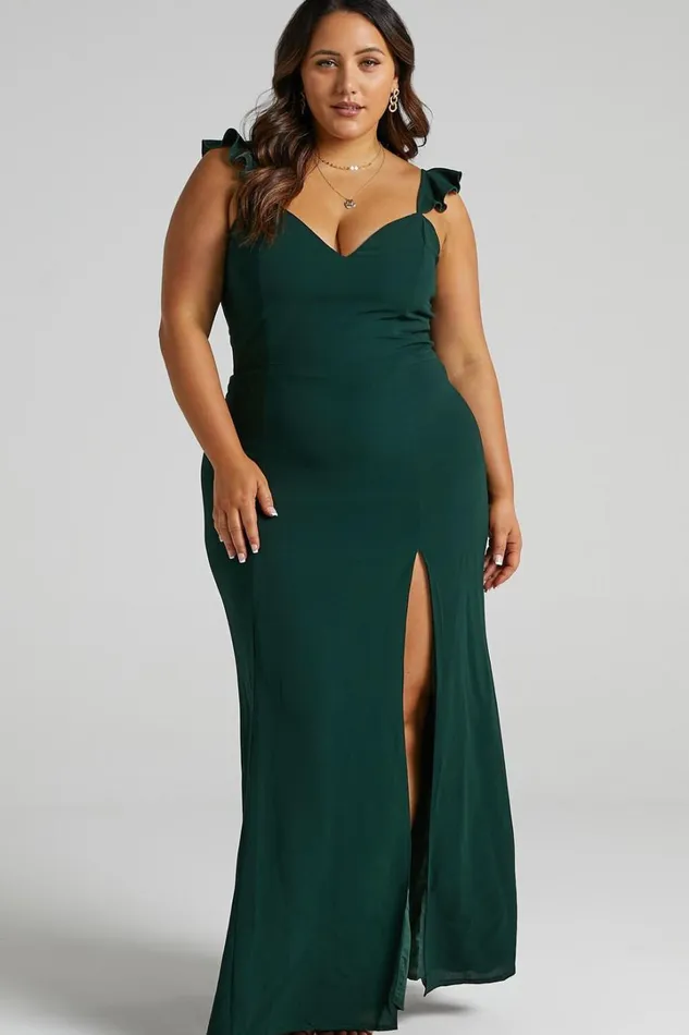 More Than This Midi Dress 8211 Ruffle Strap Thigh Split Dress In Emerald Women Showpo Dresses