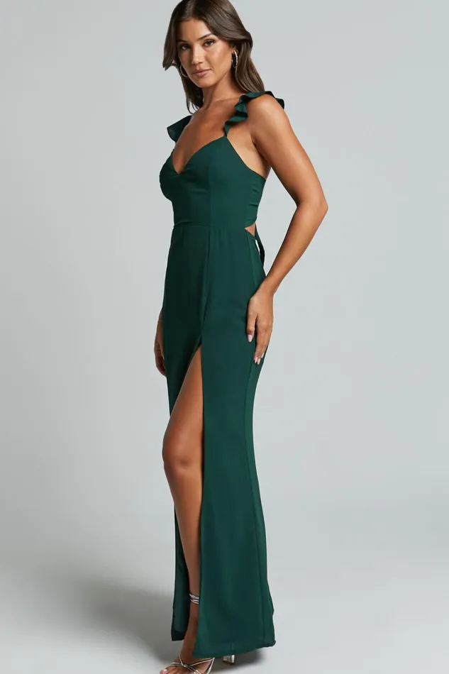More Than This Midi Dress 8211 Ruffle Strap Thigh Split Dress In Emerald Women Showpo Dresses