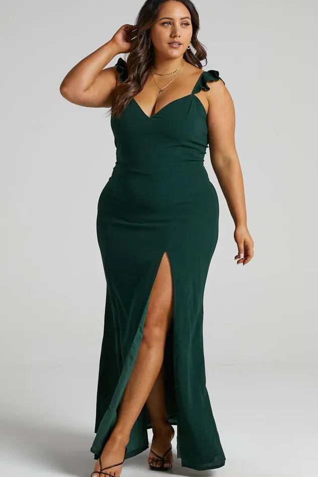 More Than This Midi Dress 8211 Ruffle Strap Thigh Split Dress In Emerald Women Showpo Dresses