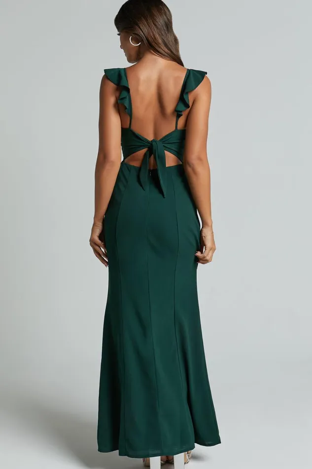 More Than This Midi Dress 8211 Ruffle Strap Thigh Split Dress In Emerald Women Showpo Dresses