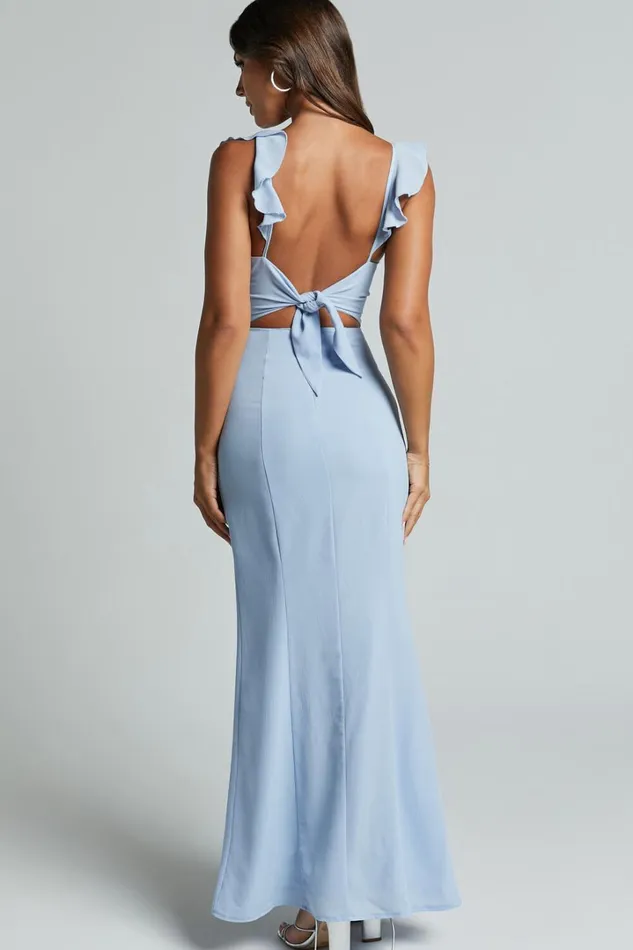 More Than This Midi Dress 8211 Ruffle Strap Thigh Split Dress In Light Blue Women Showpo Curve Clothes