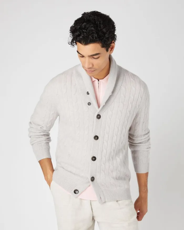 NPeal Cardigans Men Garrick Shawl Cable Cashmere Cardigan Pebble Grey