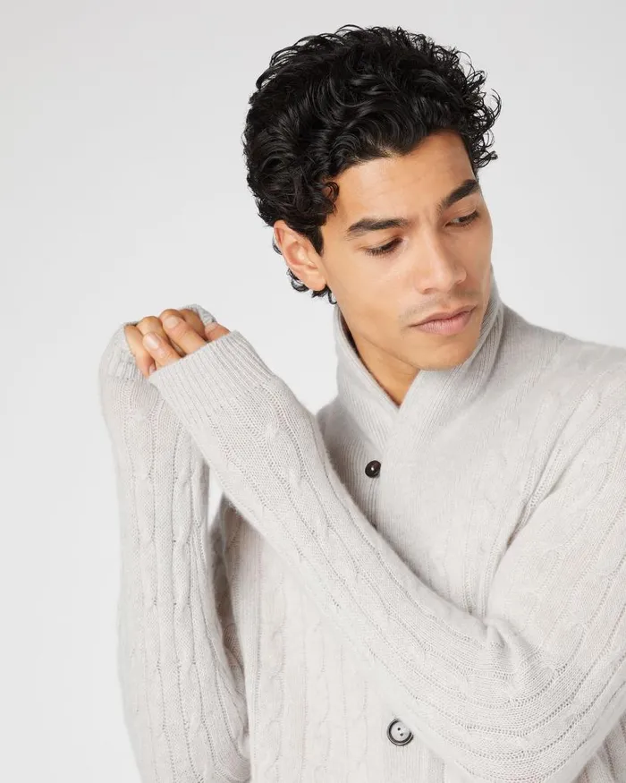 NPeal Cardigans Men Garrick Shawl Cable Cashmere Cardigan Pebble Grey