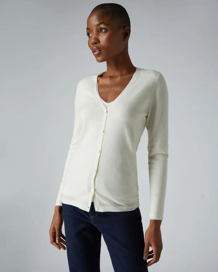 NPeal Cardigans Women Mia Superfine Cashmere V Neck Cardigan New Ivory White