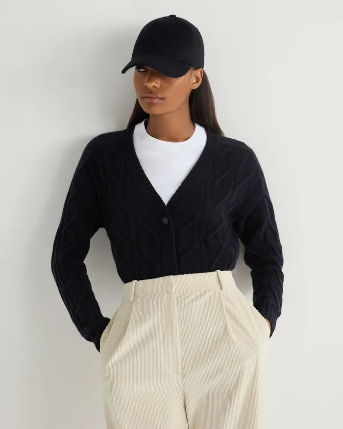 NPeal Cardigans Women V Neck Cable Cashmere Cardigan Navy Blue