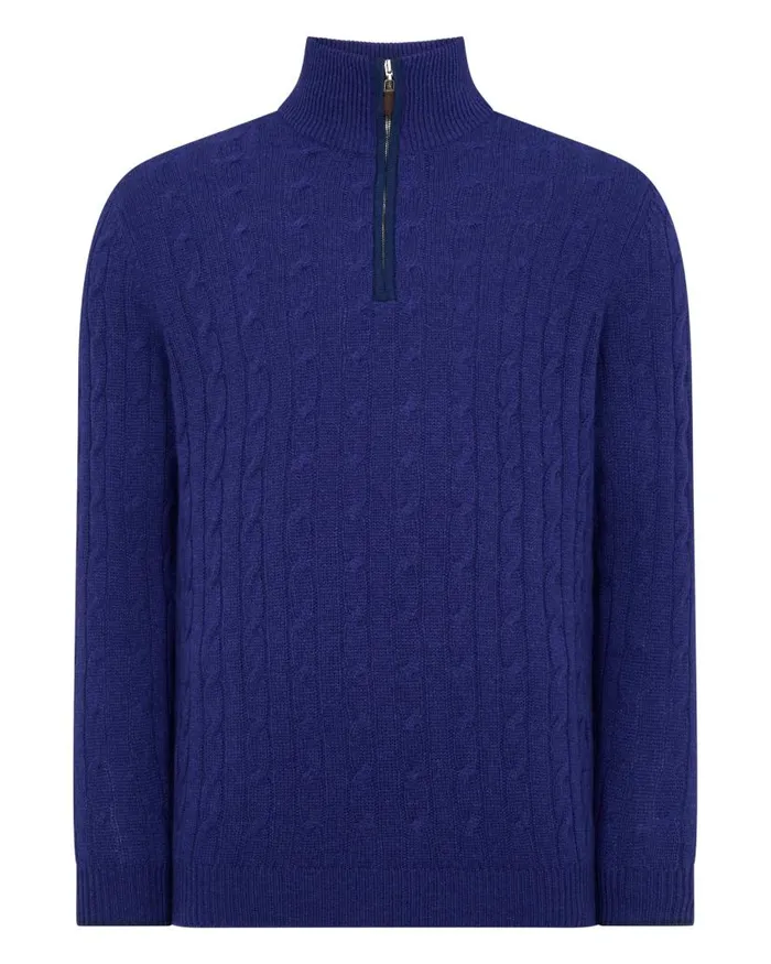 NPeal Jumpers Men Albemarle Cable Half Zip Cashmere Jumper Sapphire Blue