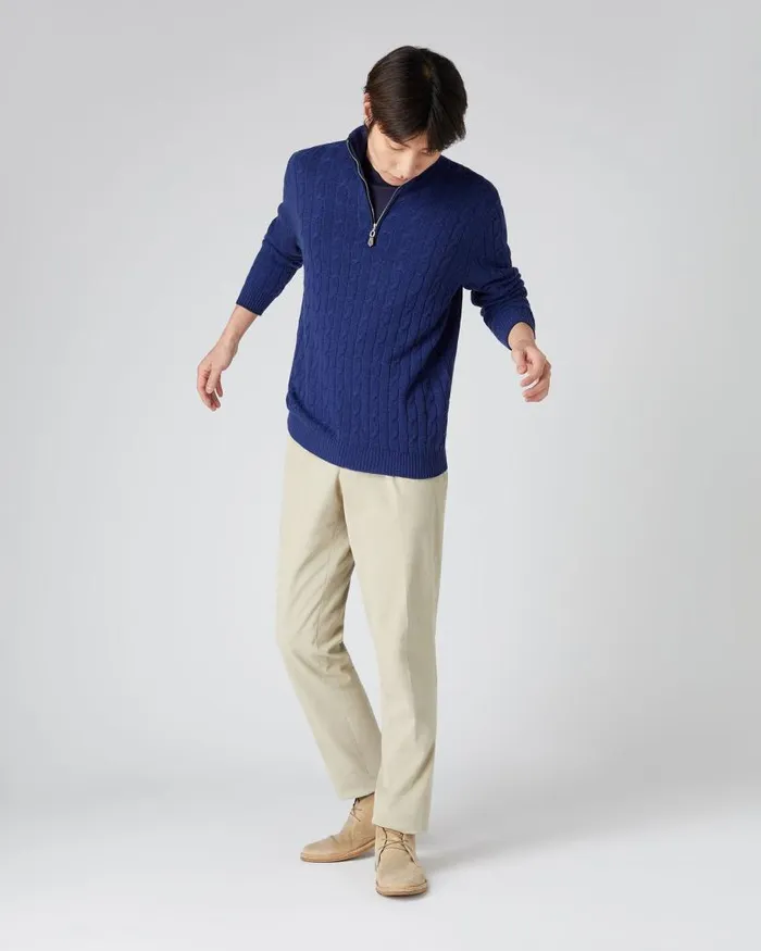 NPeal Jumpers Men Albemarle Cable Half Zip Cashmere Jumper Sapphire Blue