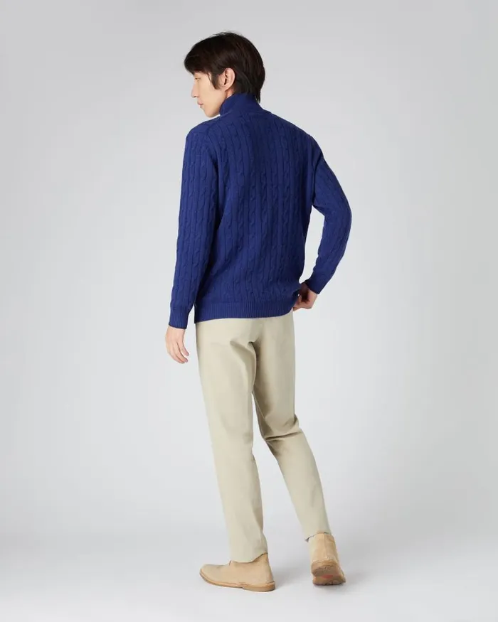 NPeal Jumpers Men Albemarle Cable Half Zip Cashmere Jumper Sapphire Blue