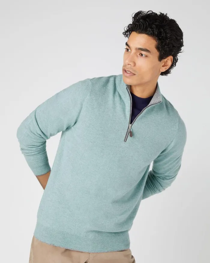 NPeal Jumpers Men Carnaby Half Zip Cashmere Jumper Oasis Green