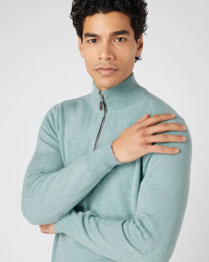 NPeal Jumpers Men Carnaby Half Zip Cashmere Jumper Oasis Green