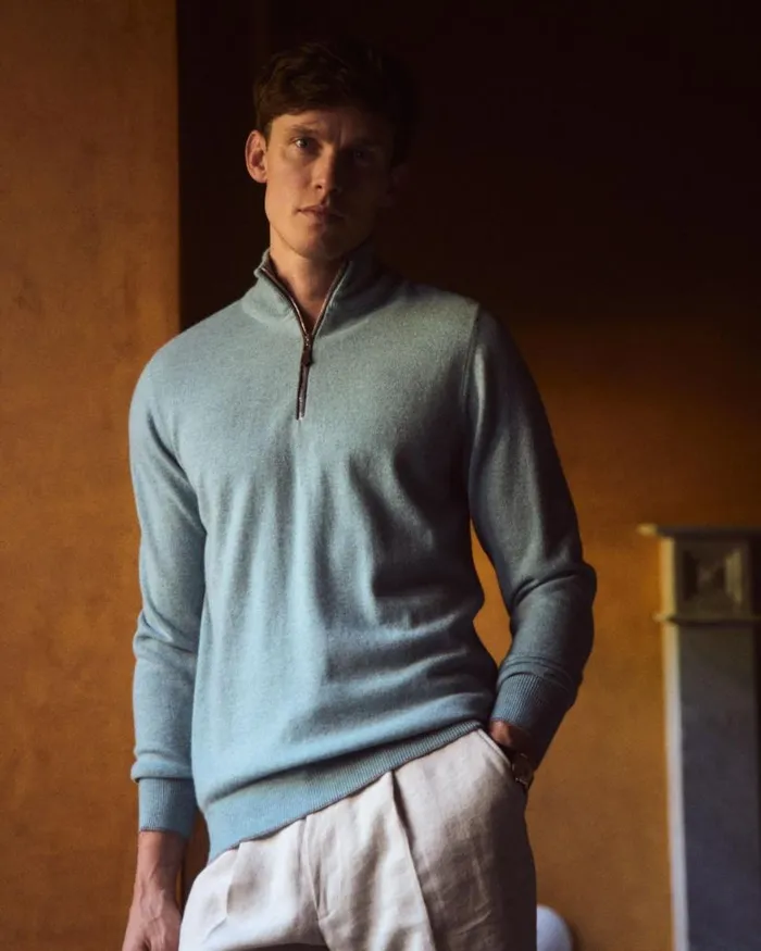 NPeal Jumpers Men Carnaby Half Zip Cashmere Jumper Oasis Green