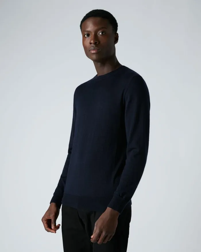 NPeal Jumpers Men Covent Fine Gauge Cashmere Round Neck Jumper Navy Blue