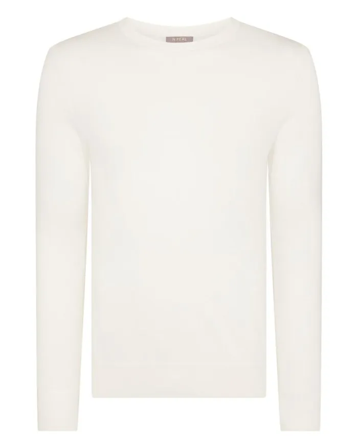 NPeal Jumpers Men Covent Fine Gauge Cashmere Round Neck Jumper New Ivory White