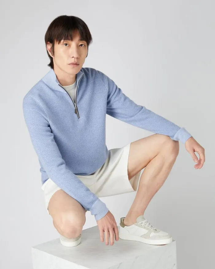 NPeal Jumpers Men Diagonal Stripe Half Zip Cashmere Jumper Cornflower Blue
