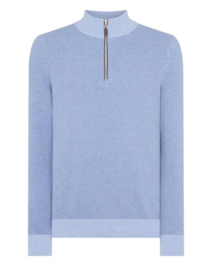 NPeal Jumpers Men Diagonal Stripe Half Zip Cashmere Jumper Cornflower Blue