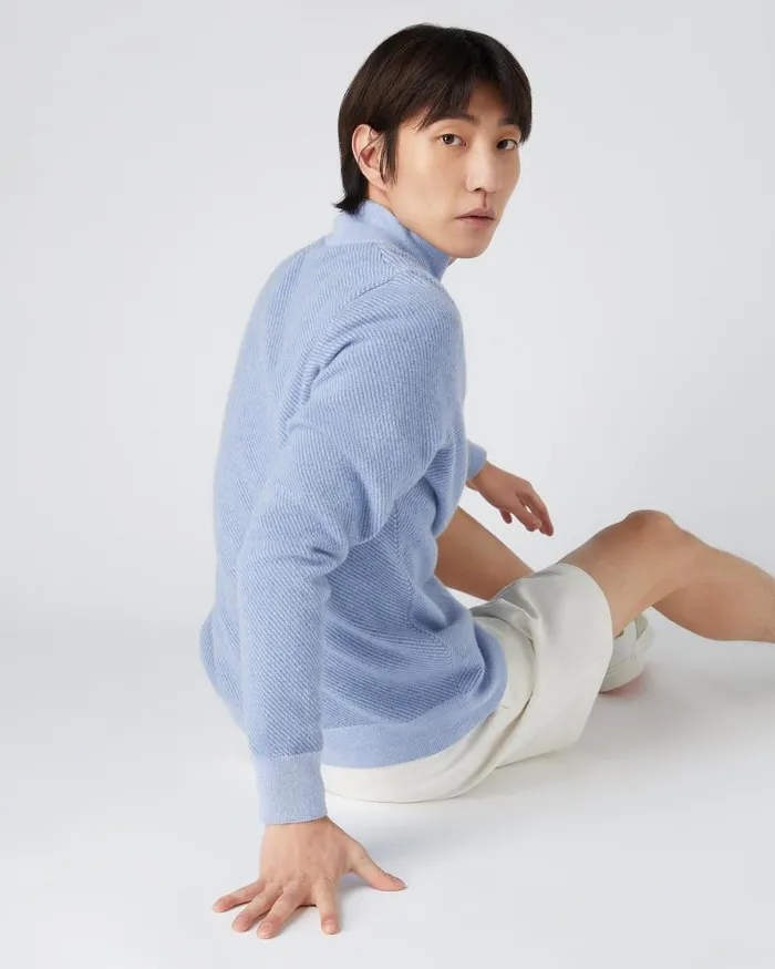 NPeal Jumpers Men Diagonal Stripe Half Zip Cashmere Jumper Cornflower Blue