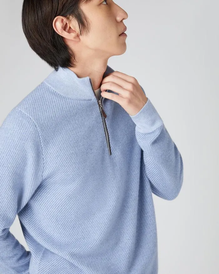 NPeal Jumpers Men Diagonal Stripe Half Zip Cashmere Jumper Cornflower Blue