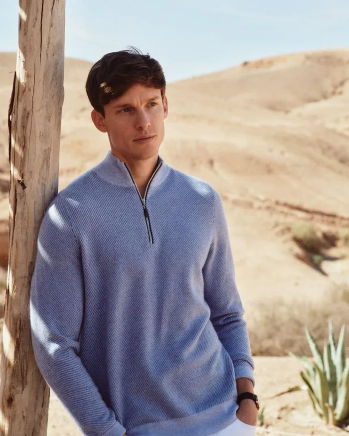 NPeal Jumpers Men Diagonal Stripe Half Zip Cashmere Jumper Cornflower Blue