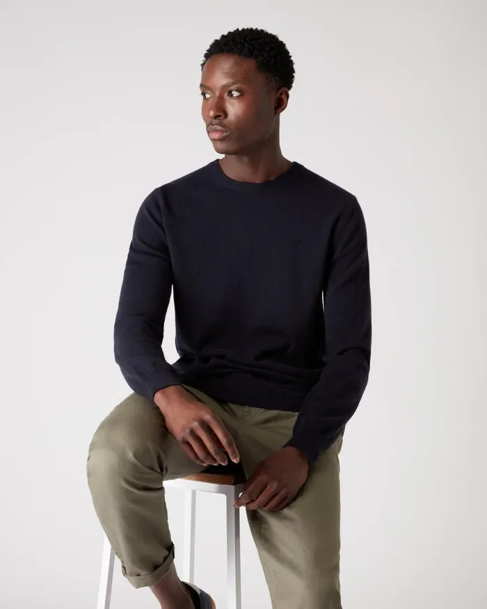 NPeal Jumpers Men Oxford Round Neck Cashmere Jumper Navy Blue