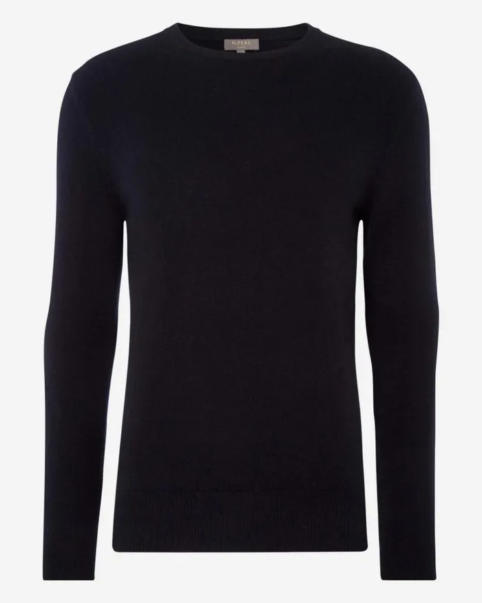 NPeal Jumpers Men Oxford Round Neck Cashmere Jumper Navy Blue