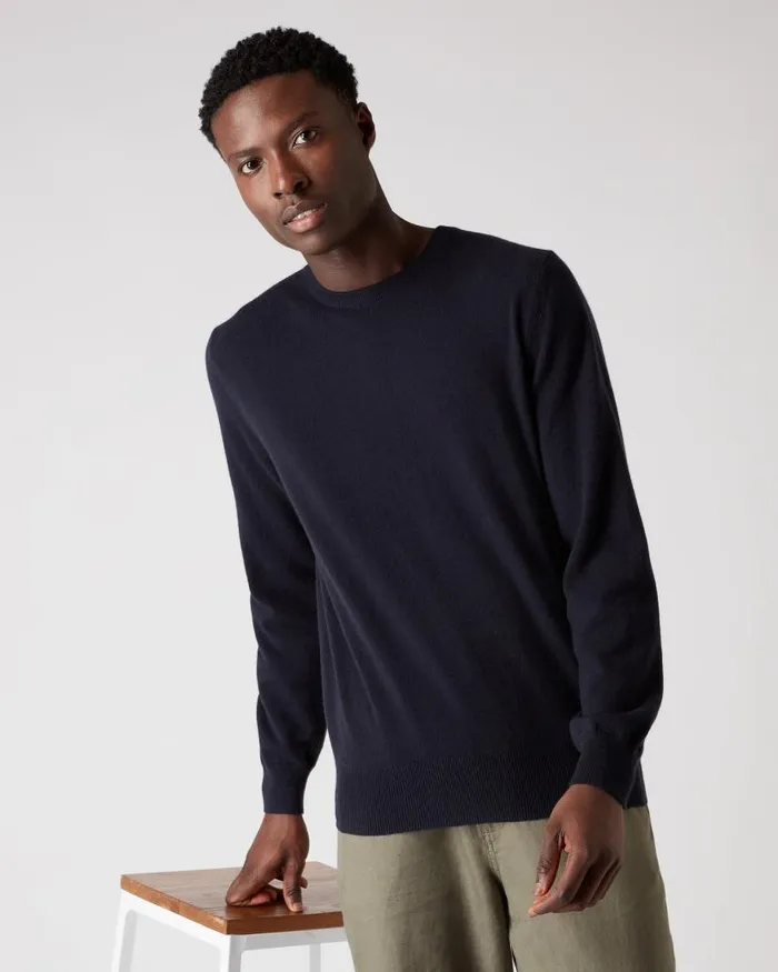 NPeal Jumpers Men Oxford Round Neck Cashmere Jumper Navy Blue