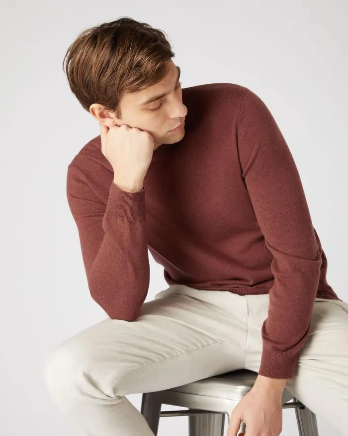 NPeal Jumpers Men Oxford Round Neck Cashmere Jumper Terracotta Brown