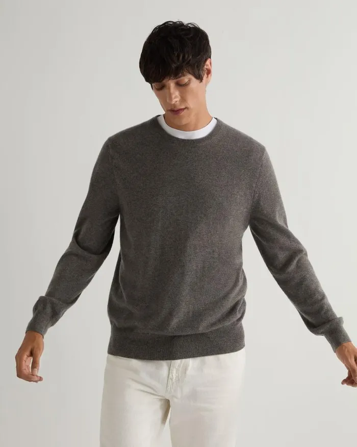 NPeal Jumpers Men Oxford Round Neck Cashmere Jumper Wood Smoke Brown
