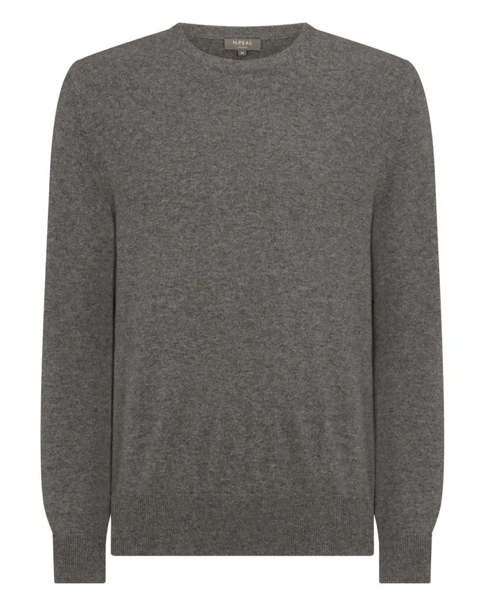 NPeal Jumpers Men Oxford Round Neck Cashmere Jumper Wood Smoke Brown