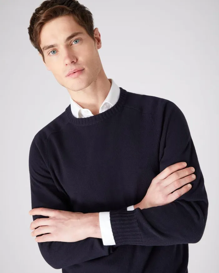 NPeal Jumpers Men Raglan Round Neck Cashmere Jumper Navy Blue