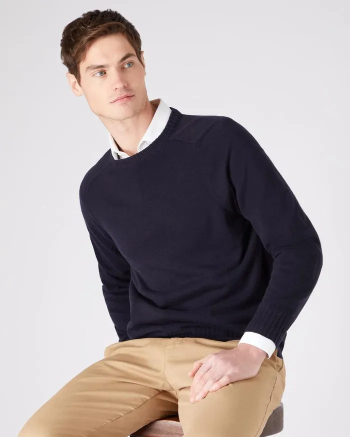 NPeal Jumpers Men Raglan Round Neck Cashmere Jumper Navy Blue