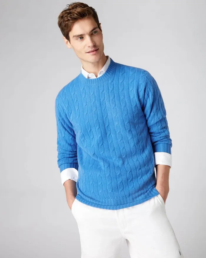 NPeal Jumpers Men The Thames Cable Cashmere Jumper Zanzibar Blue