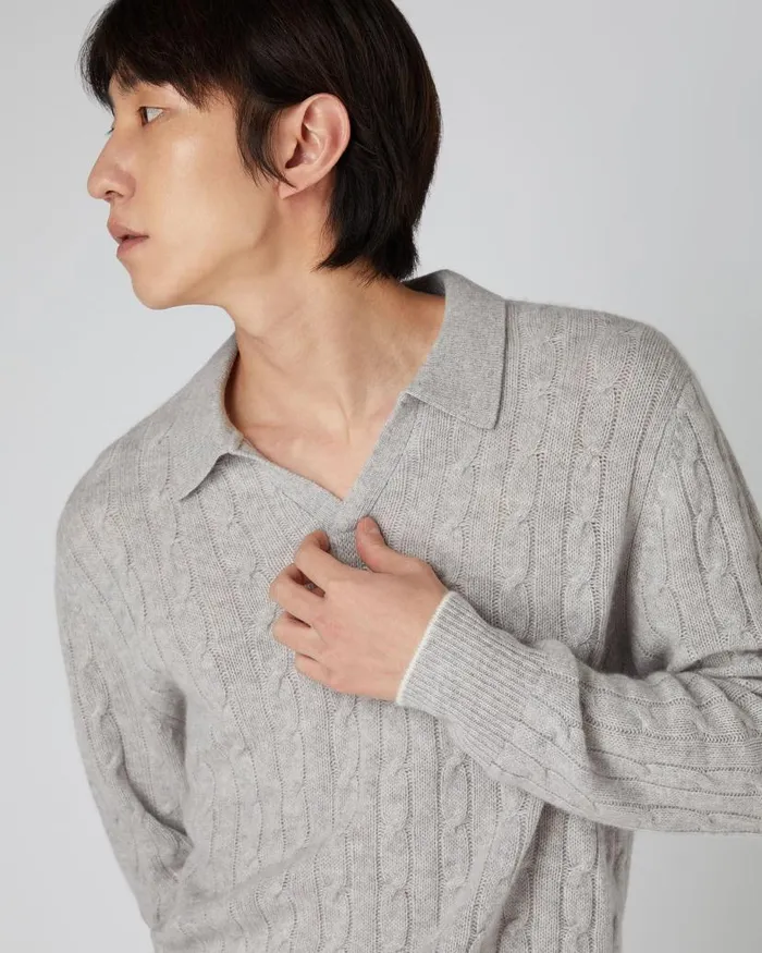 NPeal Polos and Tshirts Men Cable Polo Cashmere Shirt Fumo Grey