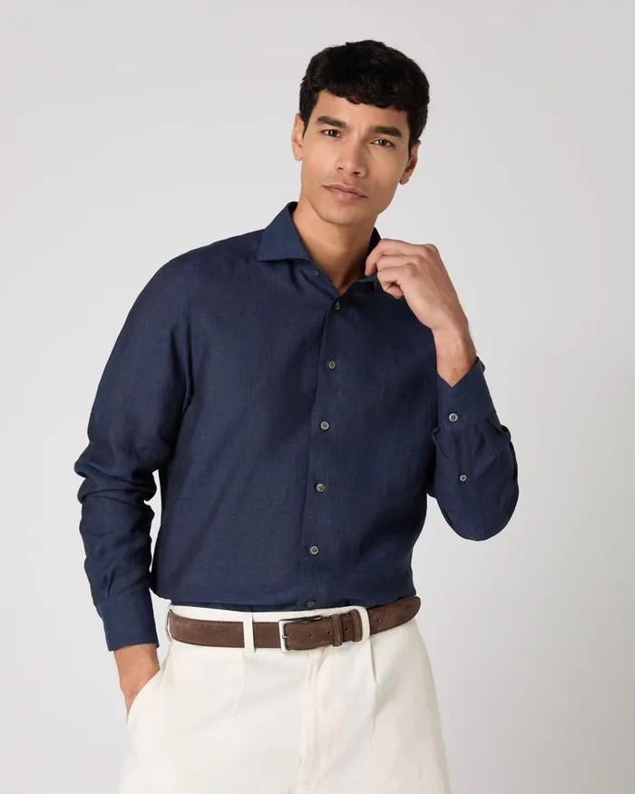 NPeal Shirts Men Cannes Linen Shirt Navy Blue