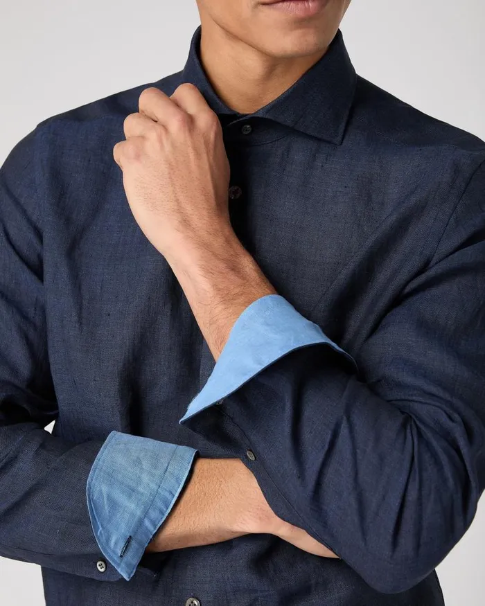 NPeal Shirts Men Cannes Linen Shirt Navy Blue