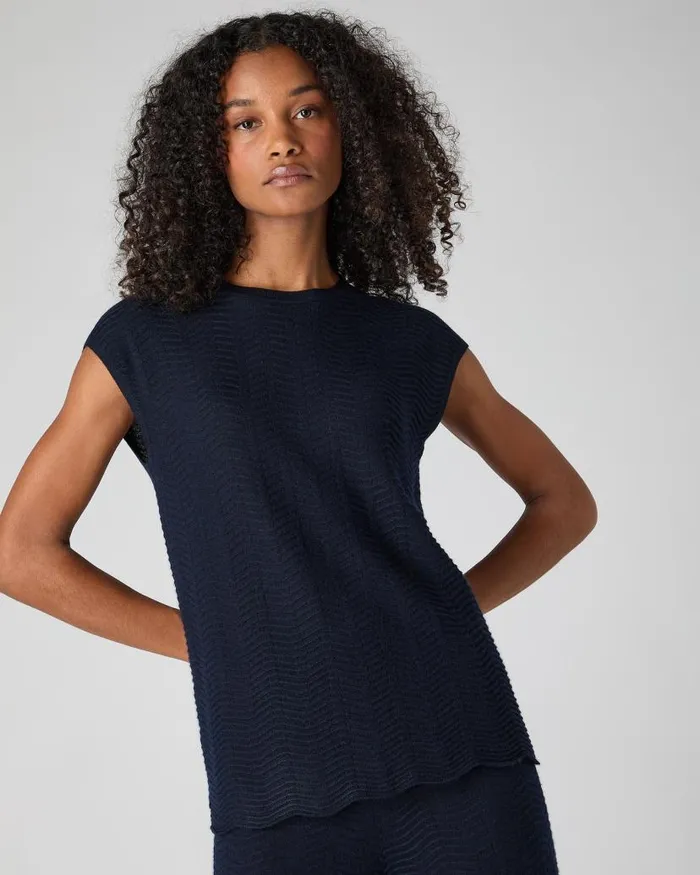 NPeal Tops and Tshirts Women Wave Stitch Cashmere Silk Top Navy Blue