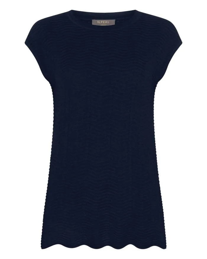 NPeal Tops and Tshirts Women Wave Stitch Cashmere Silk Top Navy Blue