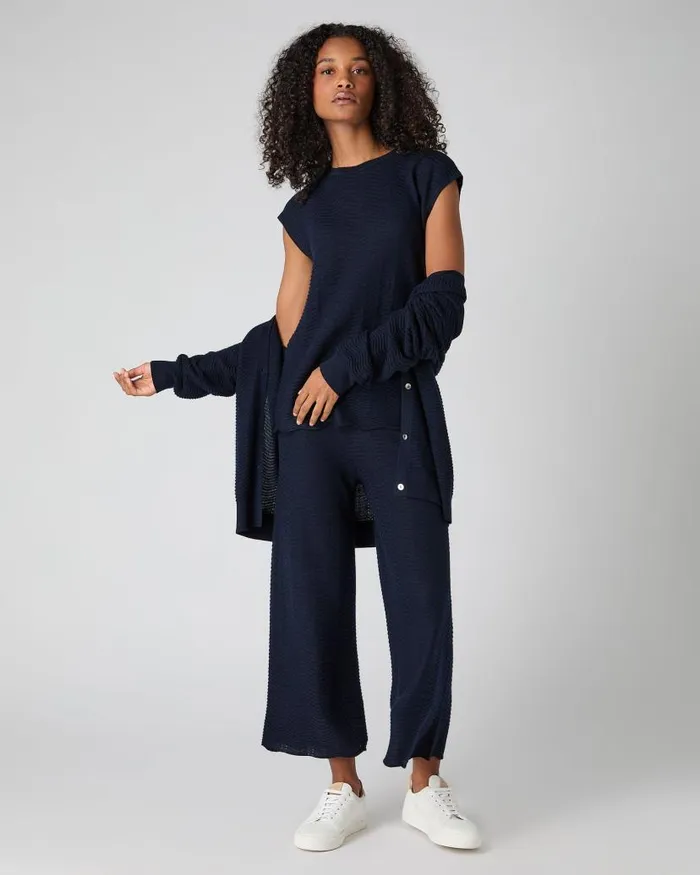 NPeal Tops and Tshirts Women Wave Stitch Cashmere Silk Top Navy Blue