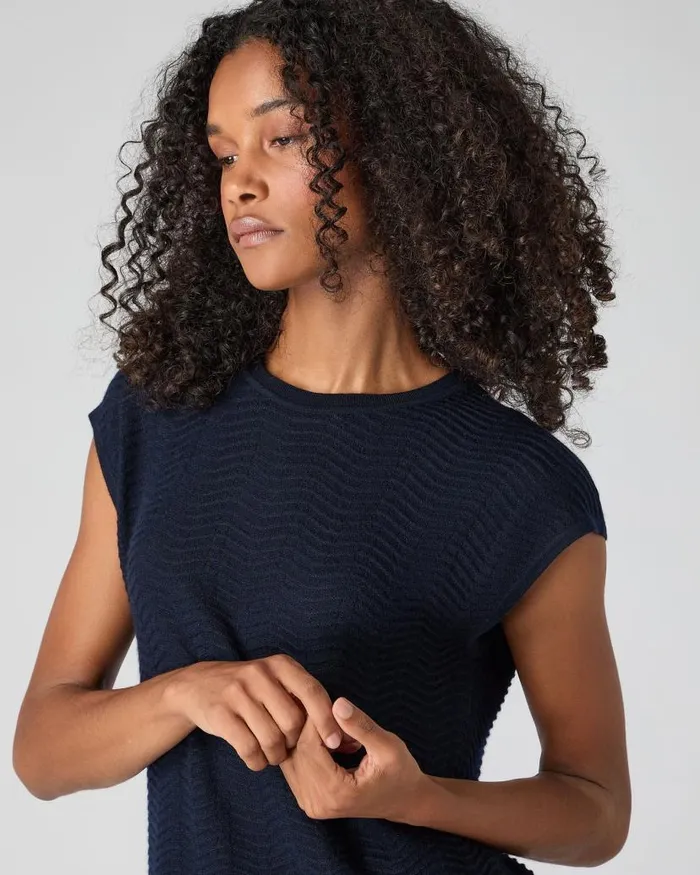 NPeal Tops and Tshirts Women Wave Stitch Cashmere Silk Top Navy Blue