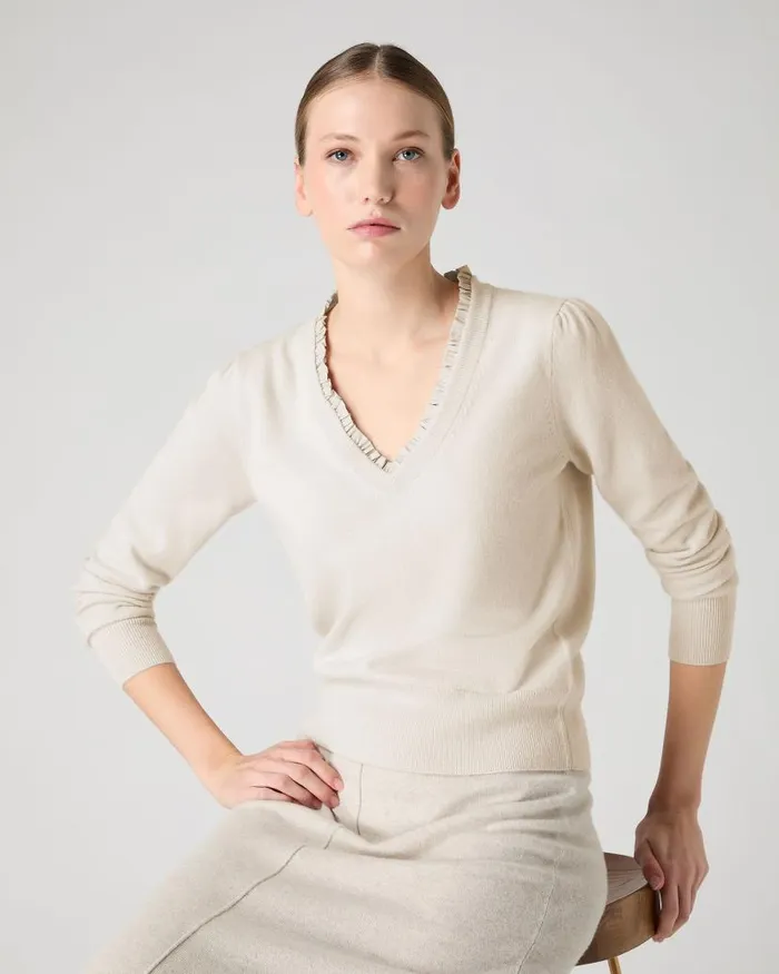 NPeal V Necks Women Ruffle Trim V Neck Cashmere Jumper Almond White