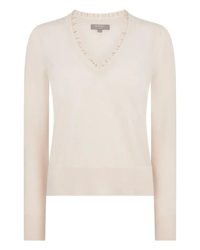 NPeal V Necks Women Ruffle Trim V Neck Cashmere Jumper Almond White