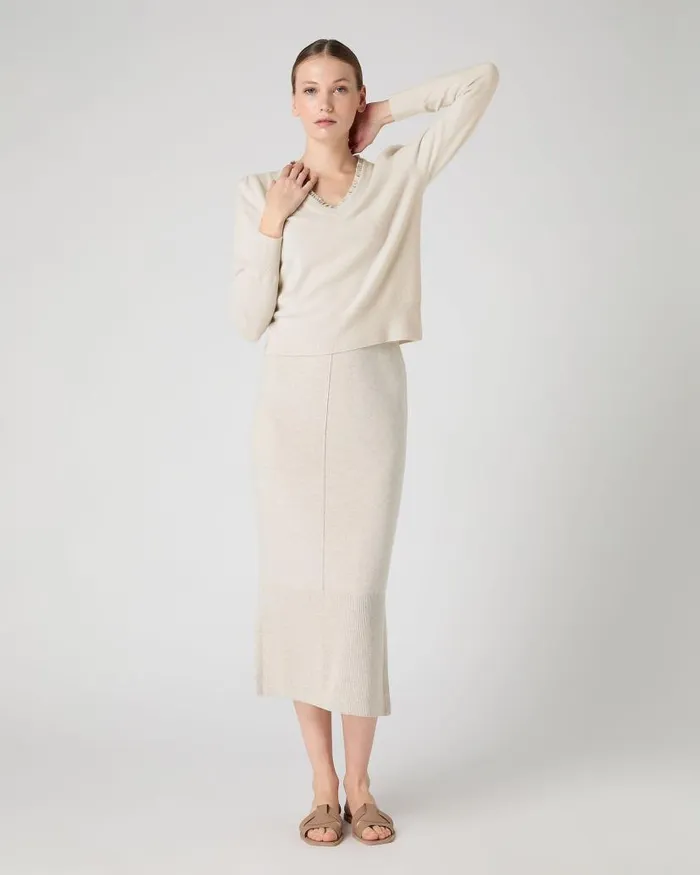 NPeal V Necks Women Ruffle Trim V Neck Cashmere Jumper Almond White