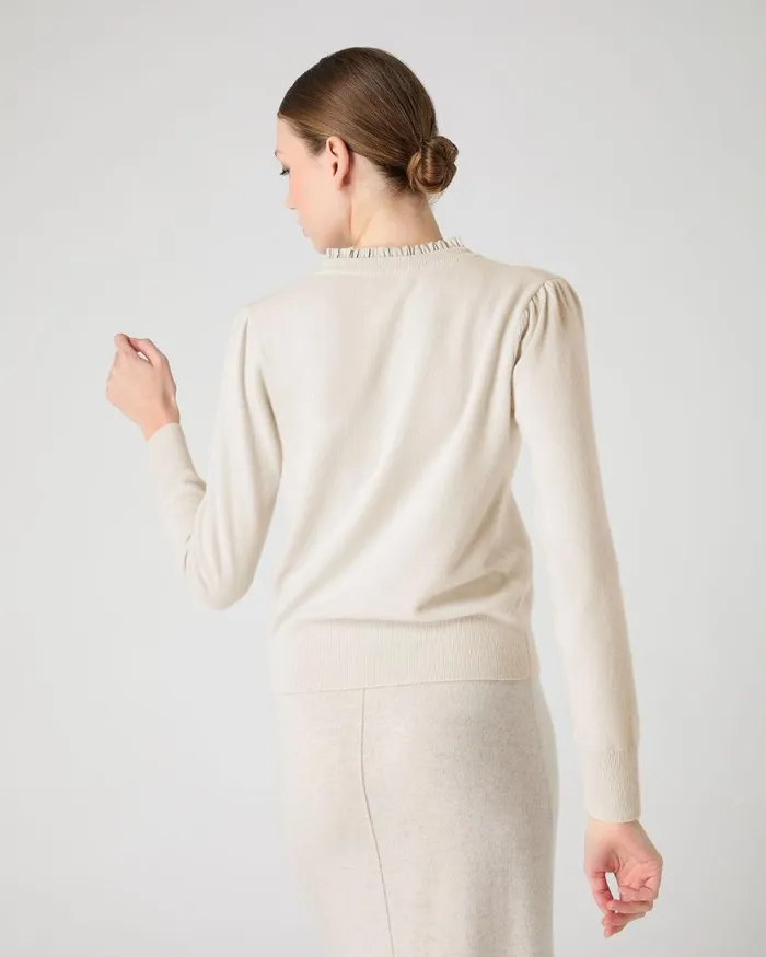 NPeal V Necks Women Ruffle Trim V Neck Cashmere Jumper Almond White