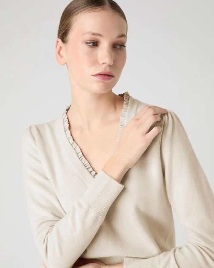 NPeal V Necks Women Ruffle Trim V Neck Cashmere Jumper Almond White