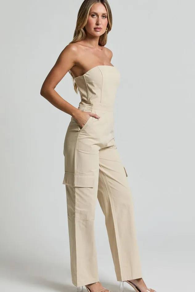 Nellia Jumpsuit 8211 Strapless Straight Leg Cargo Jumpsuit In Stone Women Showpo Conscious