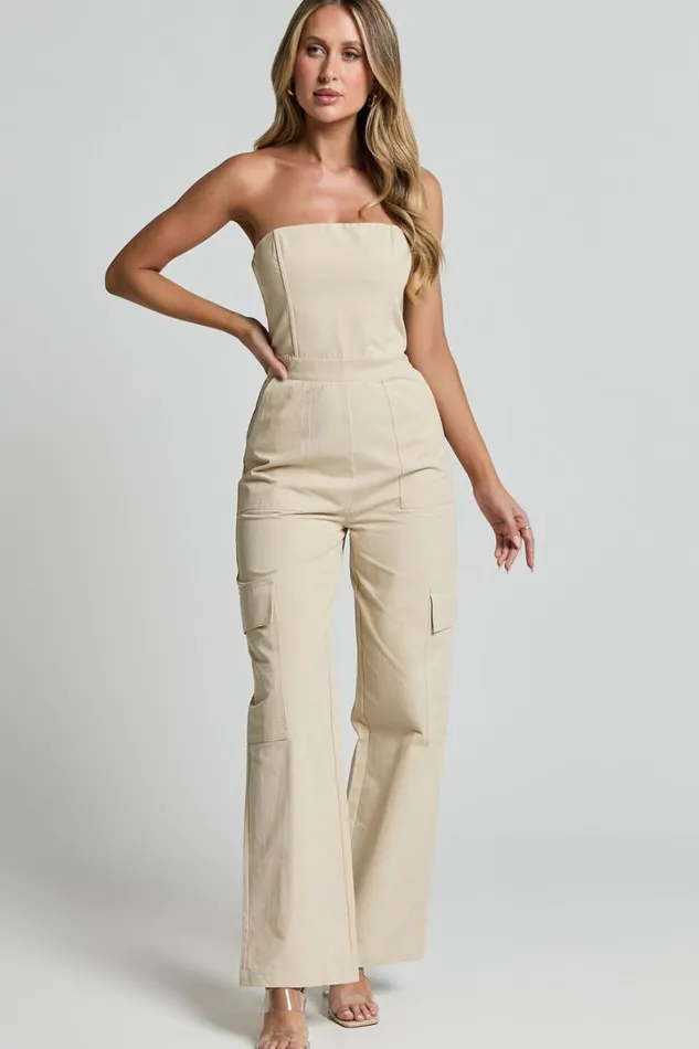 Nellia Jumpsuit 8211 Strapless Straight Leg Cargo Jumpsuit In Stone Women Showpo Conscious