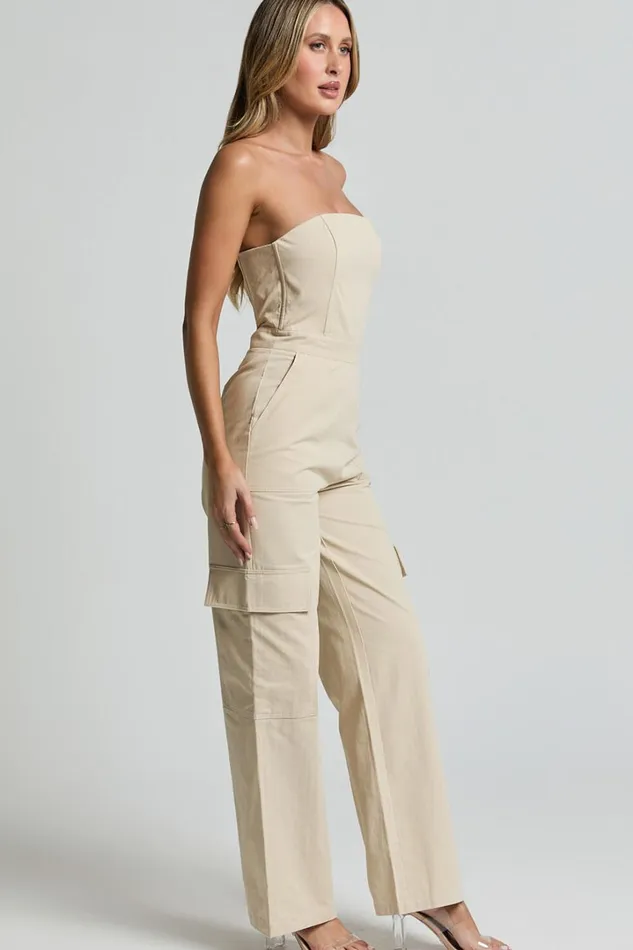 Nellia Jumpsuit 8211 Strapless Straight Leg Cargo Jumpsuit In Stone Women Showpo Conscious